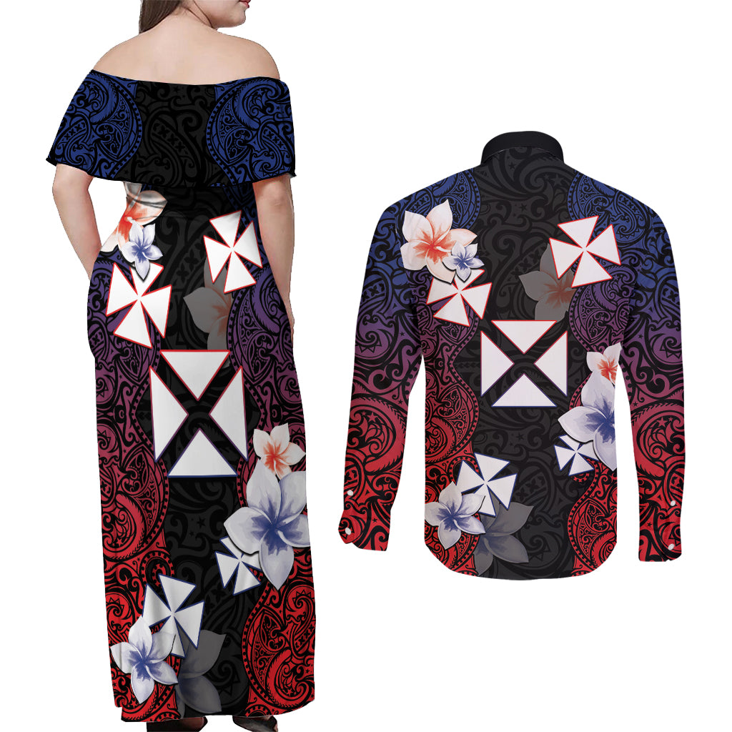 Wallis and Futuna Uvea Couples Matching Off Shoulder Maxi Dress and Long Sleeve Button Shirt Victory Day With Frangipani LT05 - Polynesian Pride