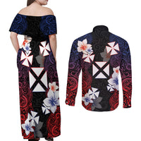 Wallis and Futuna Uvea Couples Matching Off Shoulder Maxi Dress and Long Sleeve Button Shirt Victory Day With Frangipani LT05 - Polynesian Pride
