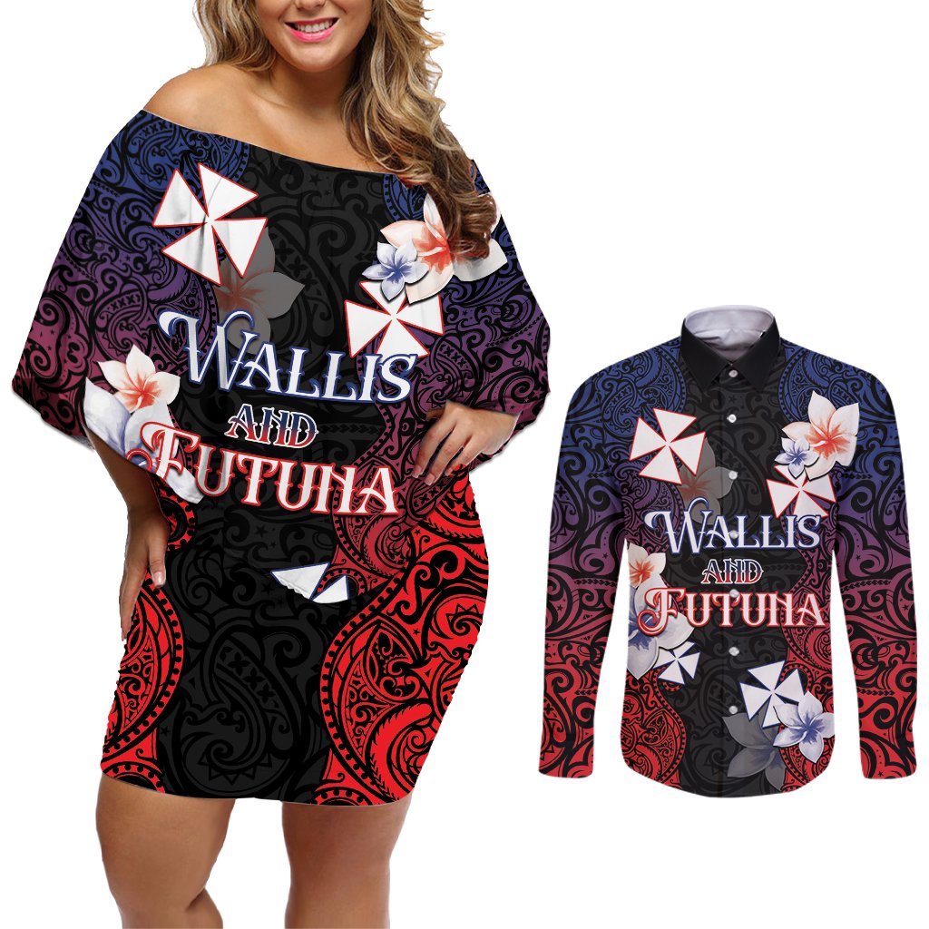 Wallis and Futuna Uvea Couples Matching Off Shoulder Short Dress and Long Sleeve Button Shirt Victory Day With Frangipani LT05 Black - Polynesian Pride