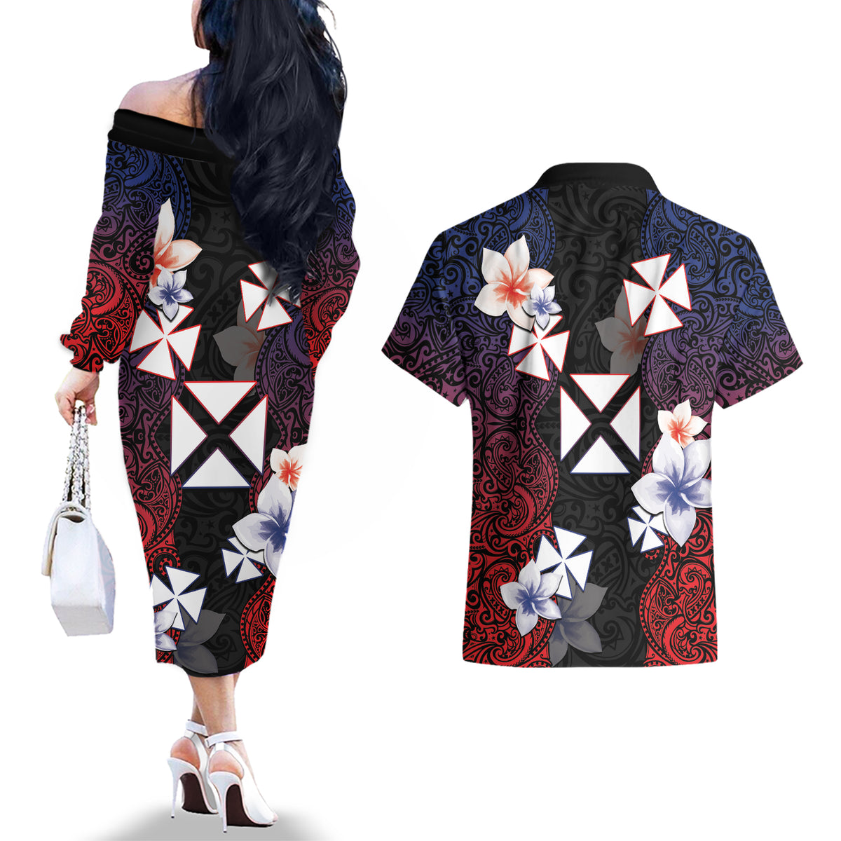 Wallis and Futuna Uvea Couples Matching Off The Shoulder Long Sleeve Dress and Hawaiian Shirt Victory Day With Frangipani LT05 - Polynesian Pride