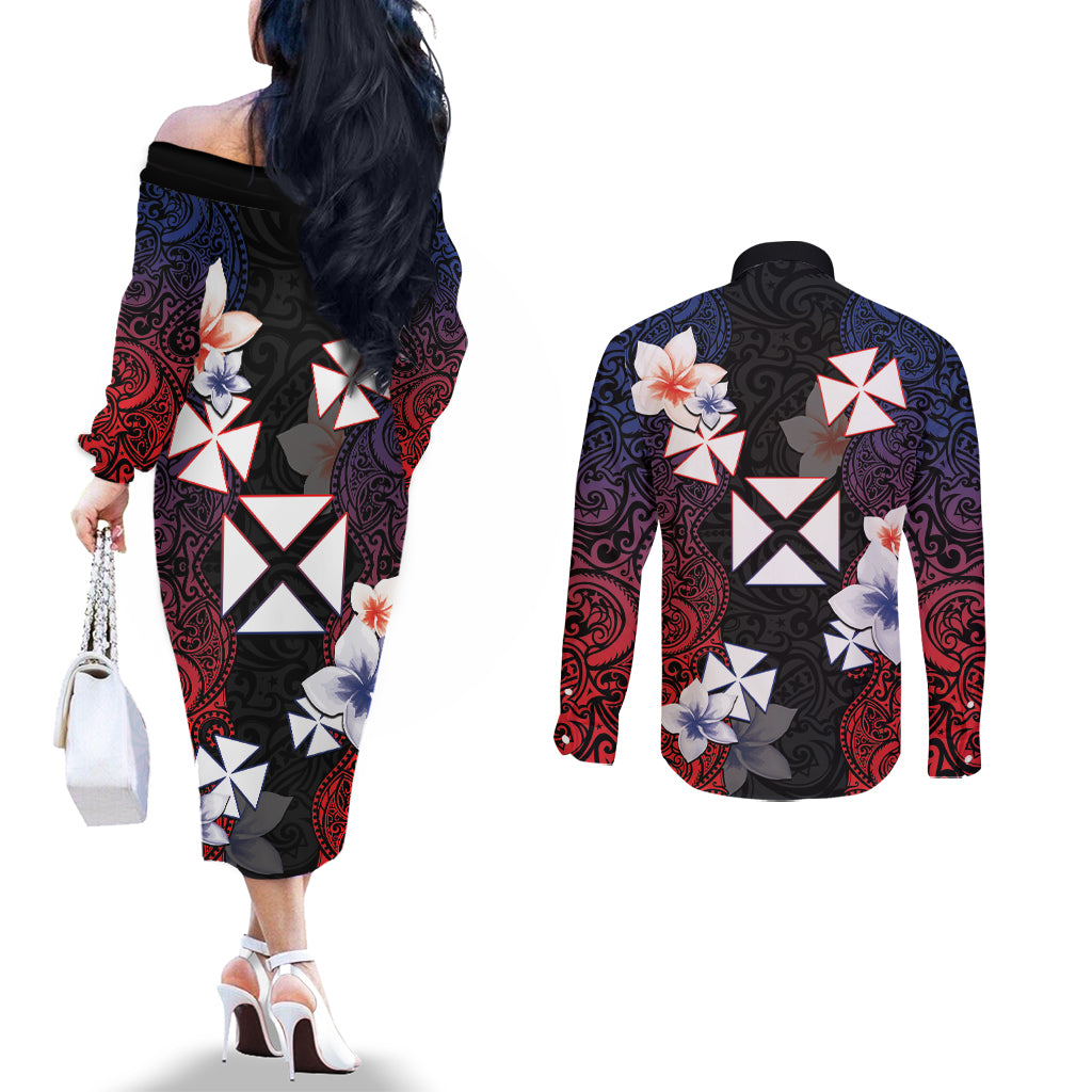 Wallis and Futuna Uvea Couples Matching Off The Shoulder Long Sleeve Dress and Long Sleeve Button Shirt Victory Day With Frangipani LT05 - Polynesian Pride