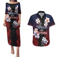 Wallis and Futuna Uvea Couples Matching Puletasi and Hawaiian Shirt Victory Day With Frangipani LT05 Black - Polynesian Pride