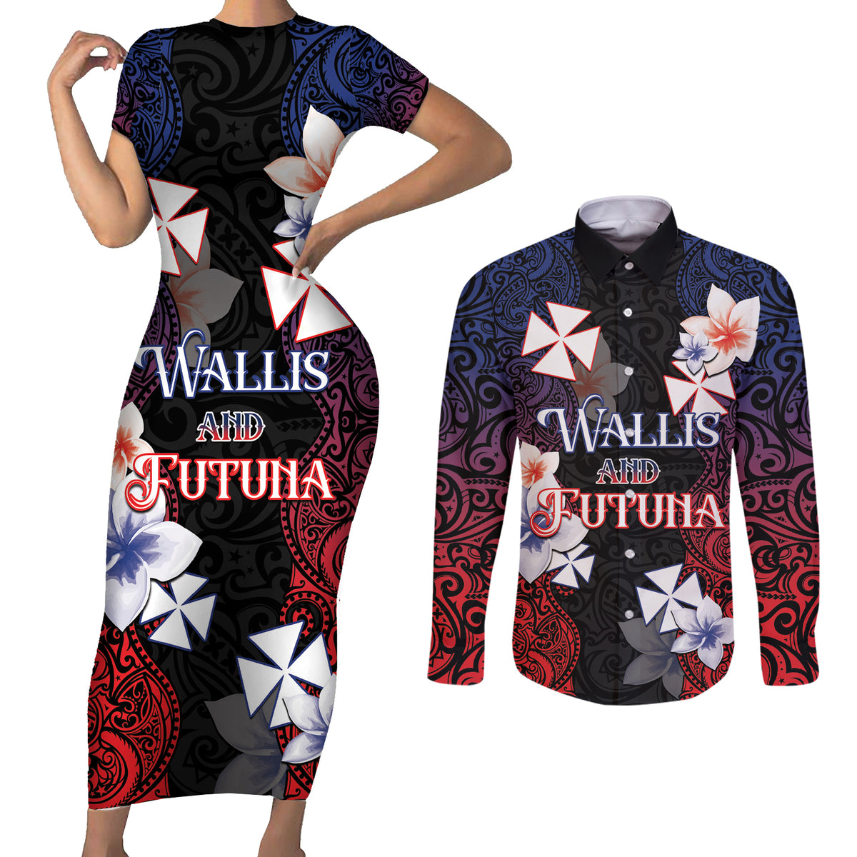 Wallis and Futuna Uvea Couples Matching Short Sleeve Bodycon Dress and Long Sleeve Button Shirt Victory Day With Frangipani LT05 Black - Polynesian Pride