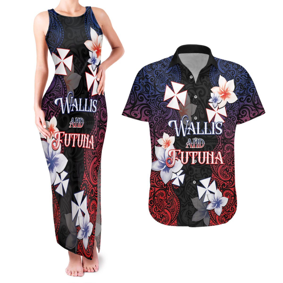 Wallis and Futuna Uvea Couples Matching Tank Maxi Dress and Hawaiian Shirt Victory Day With Frangipani LT05 Black - Polynesian Pride