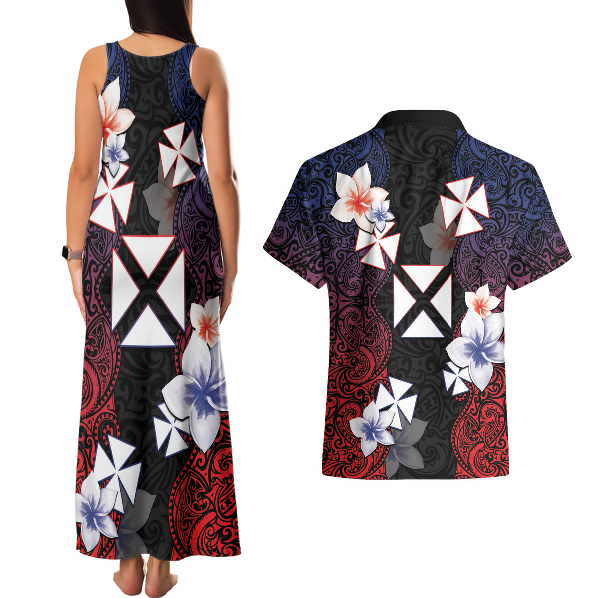 Wallis and Futuna Uvea Couples Matching Tank Maxi Dress and Hawaiian Shirt Victory Day With Frangipani LT05 - Polynesian Pride