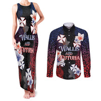 Wallis and Futuna Uvea Couples Matching Tank Maxi Dress and Long Sleeve Button Shirt Victory Day With Frangipani LT05 Black - Polynesian Pride
