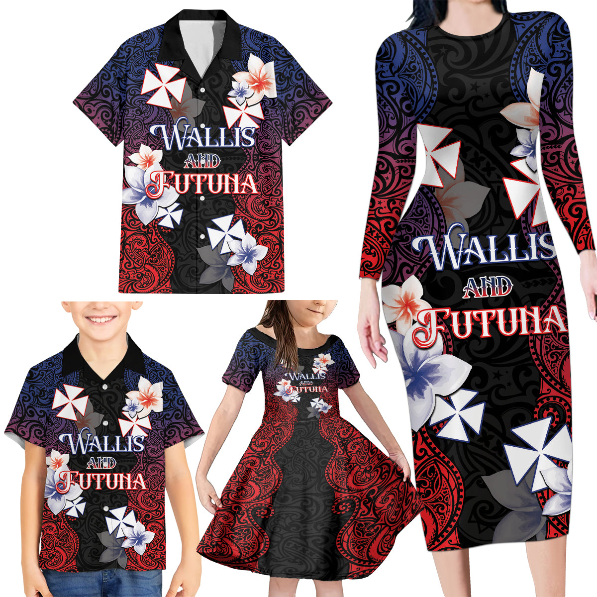 Wallis and Futuna Uvea Family Matching Long Sleeve Bodycon Dress and Hawaiian Shirt Victory Day With Frangipani LT05 - Polynesian Pride