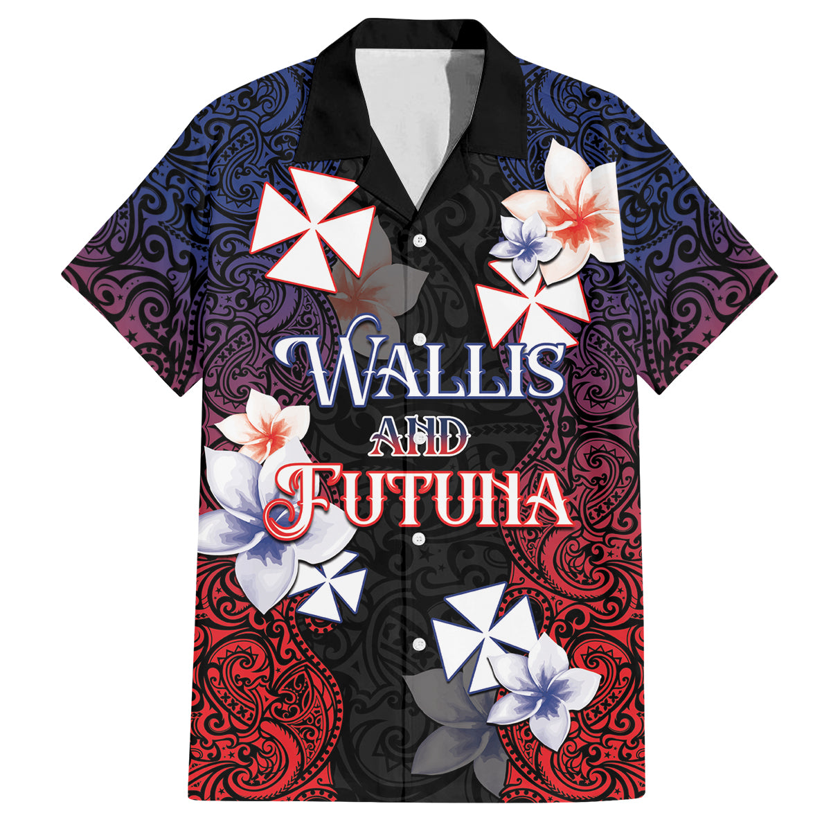 Wallis and Futuna Uvea Family Matching Off Shoulder Maxi Dress and Hawaiian Shirt Victory Day With Frangipani LT05 Dad's Shirt - Short Sleeve Black - Polynesian Pride