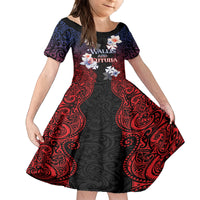 Wallis and Futuna Uvea Family Matching Off Shoulder Short Dress and Hawaiian Shirt Victory Day With Frangipani LT05 Daughter's Dress Black - Polynesian Pride