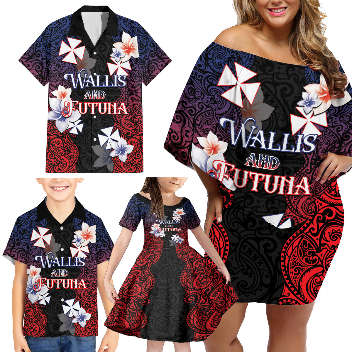 Wallis and Futuna Uvea Family Matching Off Shoulder Short Dress and Hawaiian Shirt Victory Day With Frangipani LT05 - Polynesian Pride