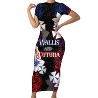 Wallis and Futuna Uvea Family Matching Short Sleeve Bodycon Dress and Hawaiian Shirt Victory Day With Frangipani LT05 Mom's Dress Black - Polynesian Pride
