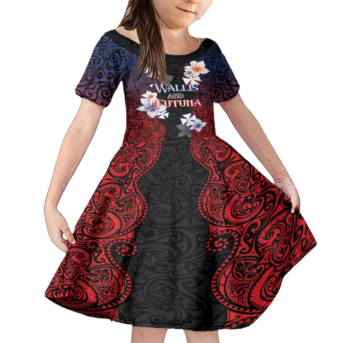 Wallis and Futuna Uvea Family Matching Summer Maxi Dress and Hawaiian Shirt Victory Day With Frangipani LT05 Daughter's Dress Black - Polynesian Pride
