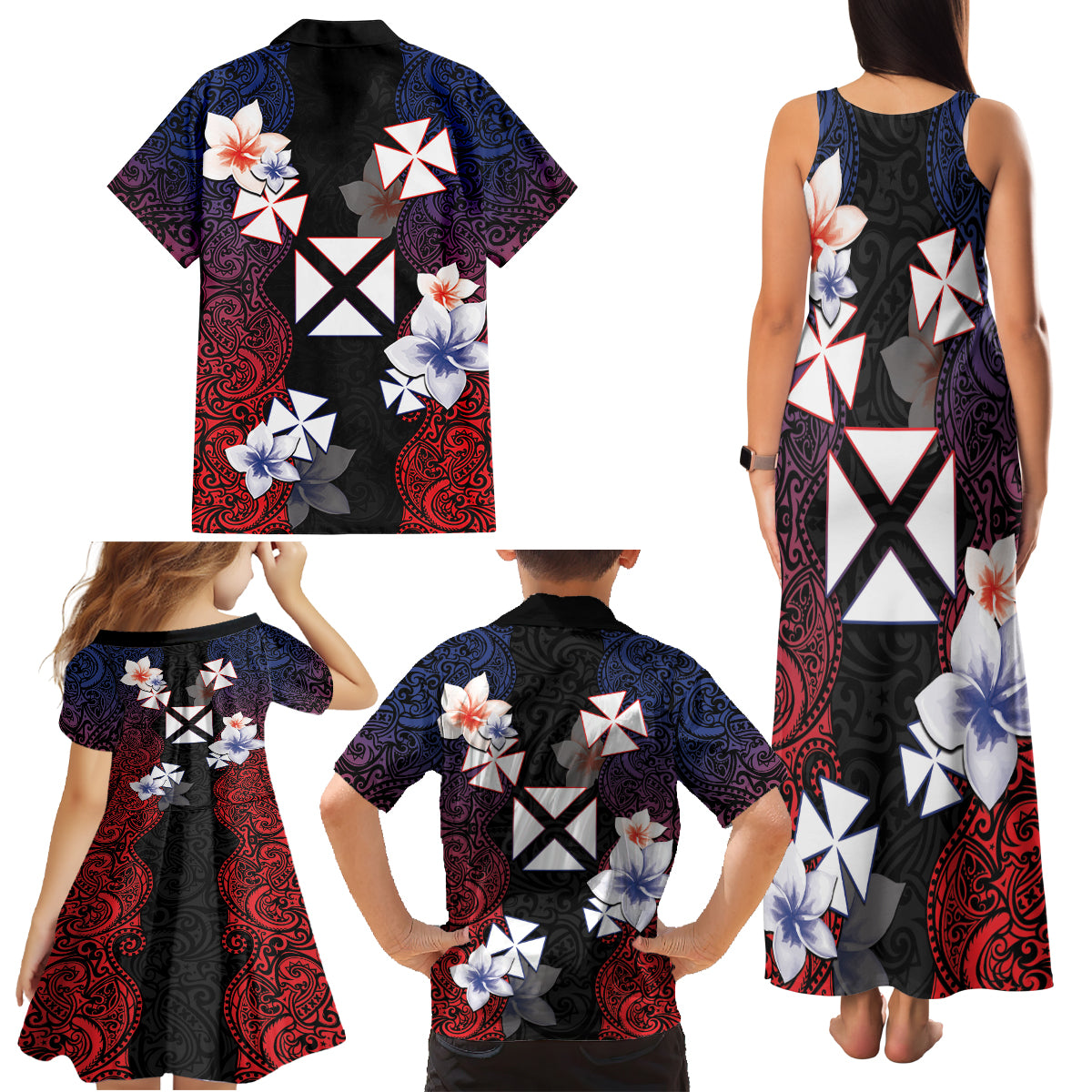 Wallis and Futuna Uvea Family Matching Tank Maxi Dress and Hawaiian Shirt Victory Day With Frangipani LT05 - Polynesian Pride