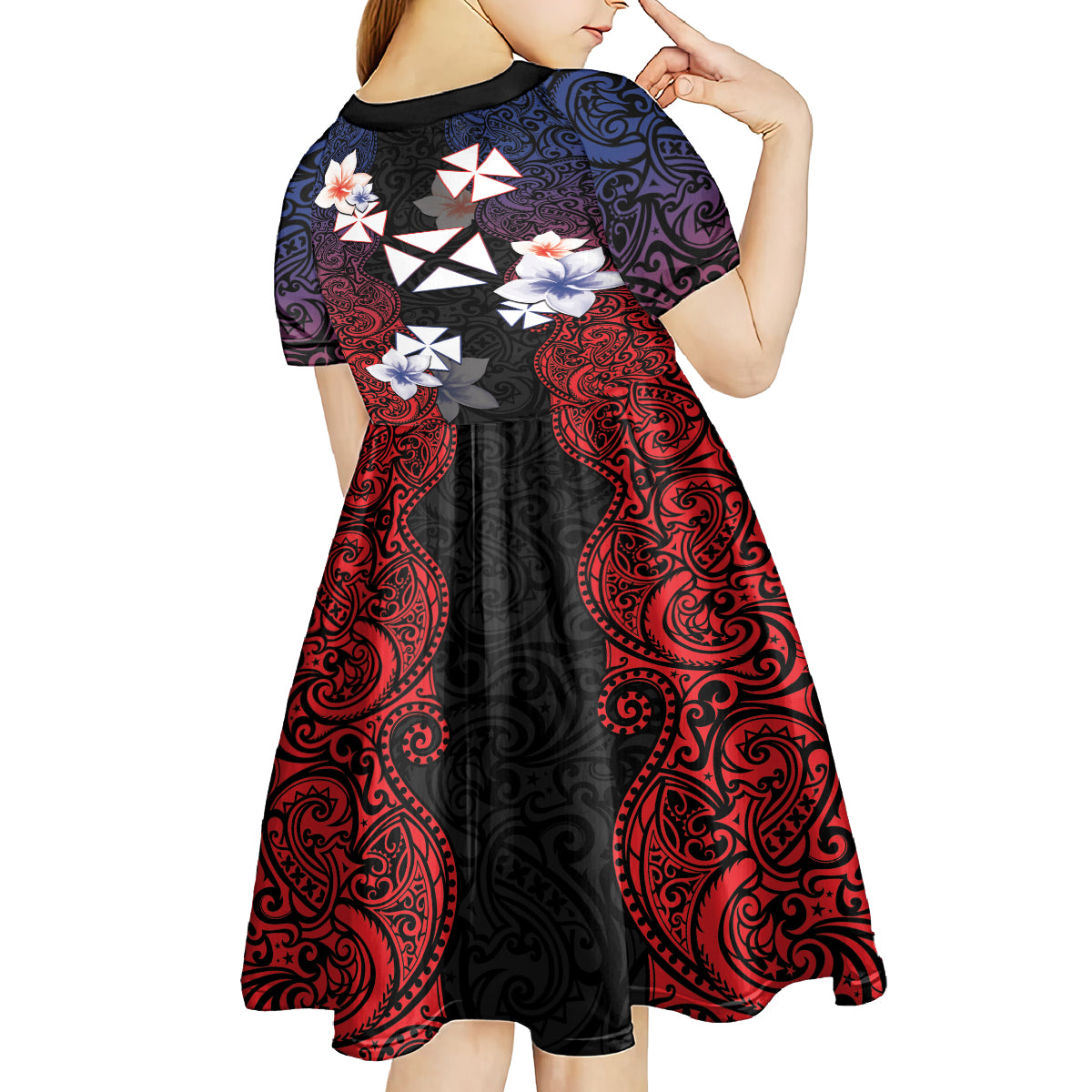 Wallis and Futuna Uvea Kid Short Sleeve Dress Victory Day With Frangipani
