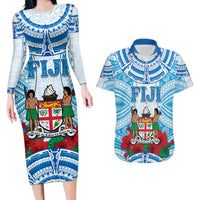 Personalised Fiji Ratu Sir Lala Sukuna Day Couples Matching Long Sleeve Bodycon Dress and Hawaiian Shirt Hibiscus Tapa Pattern LT05 Blue - Polynesian Pride