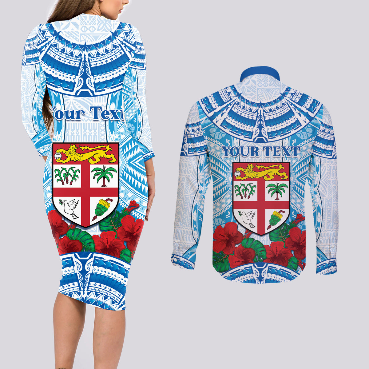 Personalised Fiji Ratu Sir Lala Sukuna Day Couples Matching Long Sleeve Bodycon Dress and Long Sleeve Button Shirt Hibiscus Tapa Pattern LT05 - Polynesian Pride