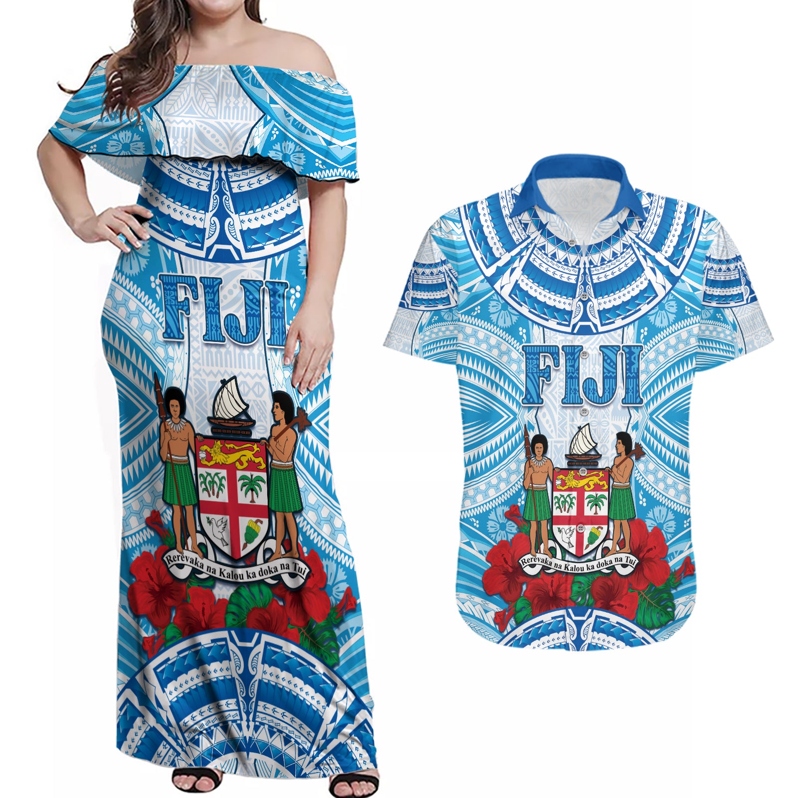 Personalised Fiji Ratu Sir Lala Sukuna Day Couples Matching Off Shoulder Maxi Dress and Hawaiian Shirt Hibiscus Tapa Pattern