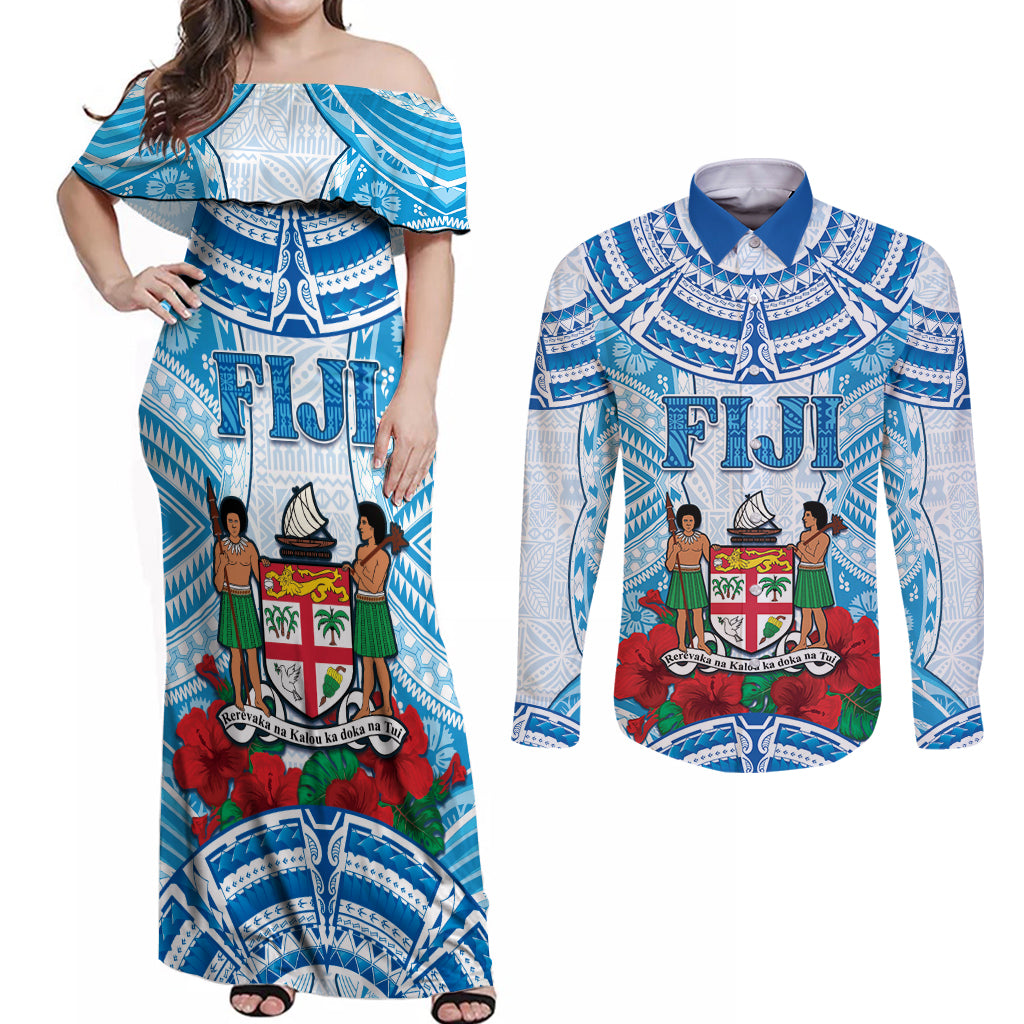 Personalised Fiji Ratu Sir Lala Sukuna Day Couples Matching Off Shoulder Maxi Dress and Long Sleeve Button Shirt Hibiscus Tapa Pattern LT05 Blue - Polynesian Pride
