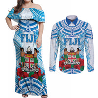 Personalised Fiji Ratu Sir Lala Sukuna Day Couples Matching Off Shoulder Maxi Dress and Long Sleeve Button Shirt Hibiscus Tapa Pattern LT05 Blue - Polynesian Pride