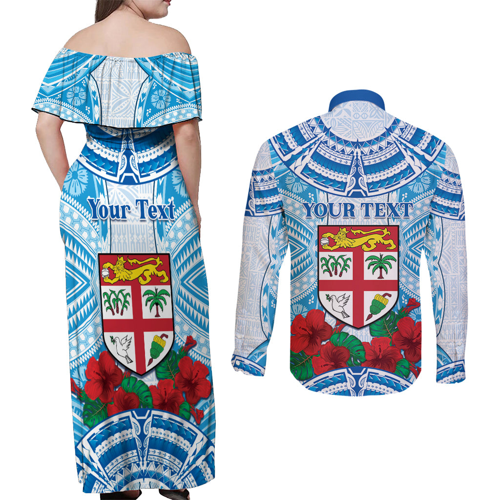 Personalised Fiji Ratu Sir Lala Sukuna Day Couples Matching Off Shoulder Maxi Dress and Long Sleeve Button Shirt Hibiscus Tapa Pattern LT05 - Polynesian Pride