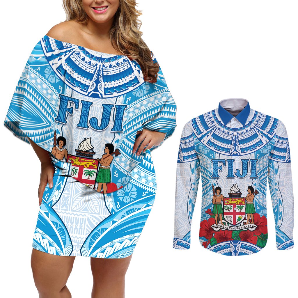 Personalised Fiji Ratu Sir Lala Sukuna Day Couples Matching Off Shoulder Short Dress and Long Sleeve Button Shirt Hibiscus Tapa Pattern LT05 Blue - Polynesian Pride