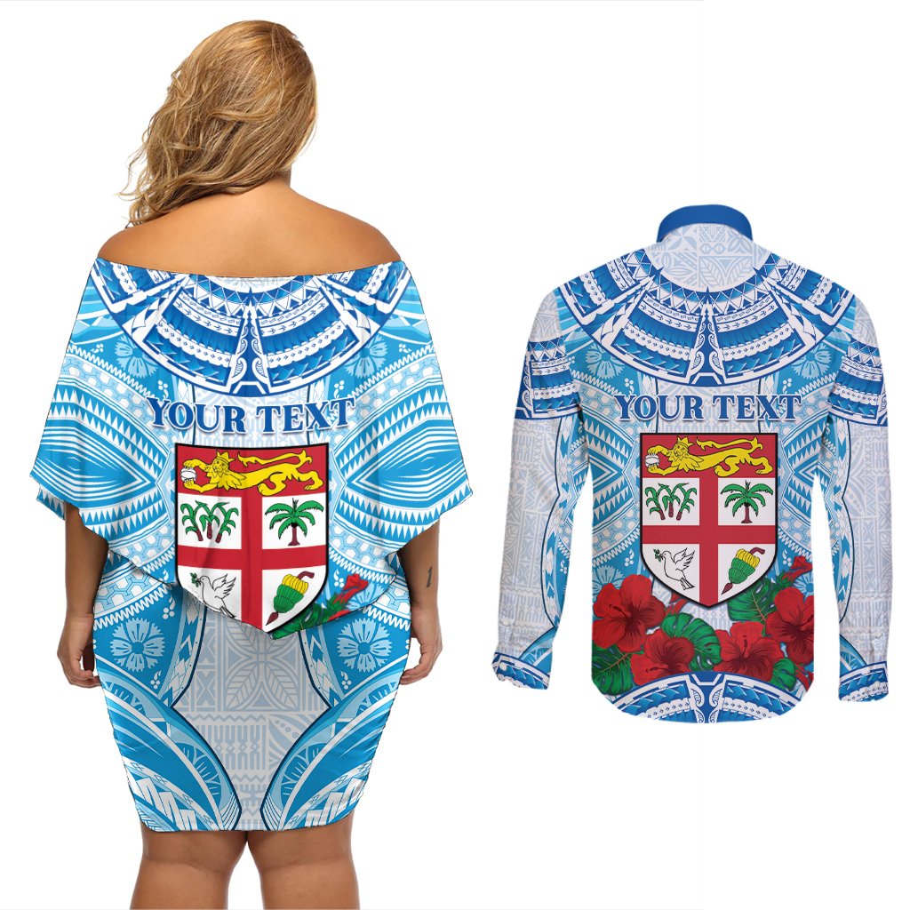Personalised Fiji Ratu Sir Lala Sukuna Day Couples Matching Off Shoulder Short Dress and Long Sleeve Button Shirt Hibiscus Tapa Pattern LT05 - Polynesian Pride