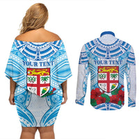 Personalised Fiji Ratu Sir Lala Sukuna Day Couples Matching Off Shoulder Short Dress and Long Sleeve Button Shirt Hibiscus Tapa Pattern LT05 - Polynesian Pride