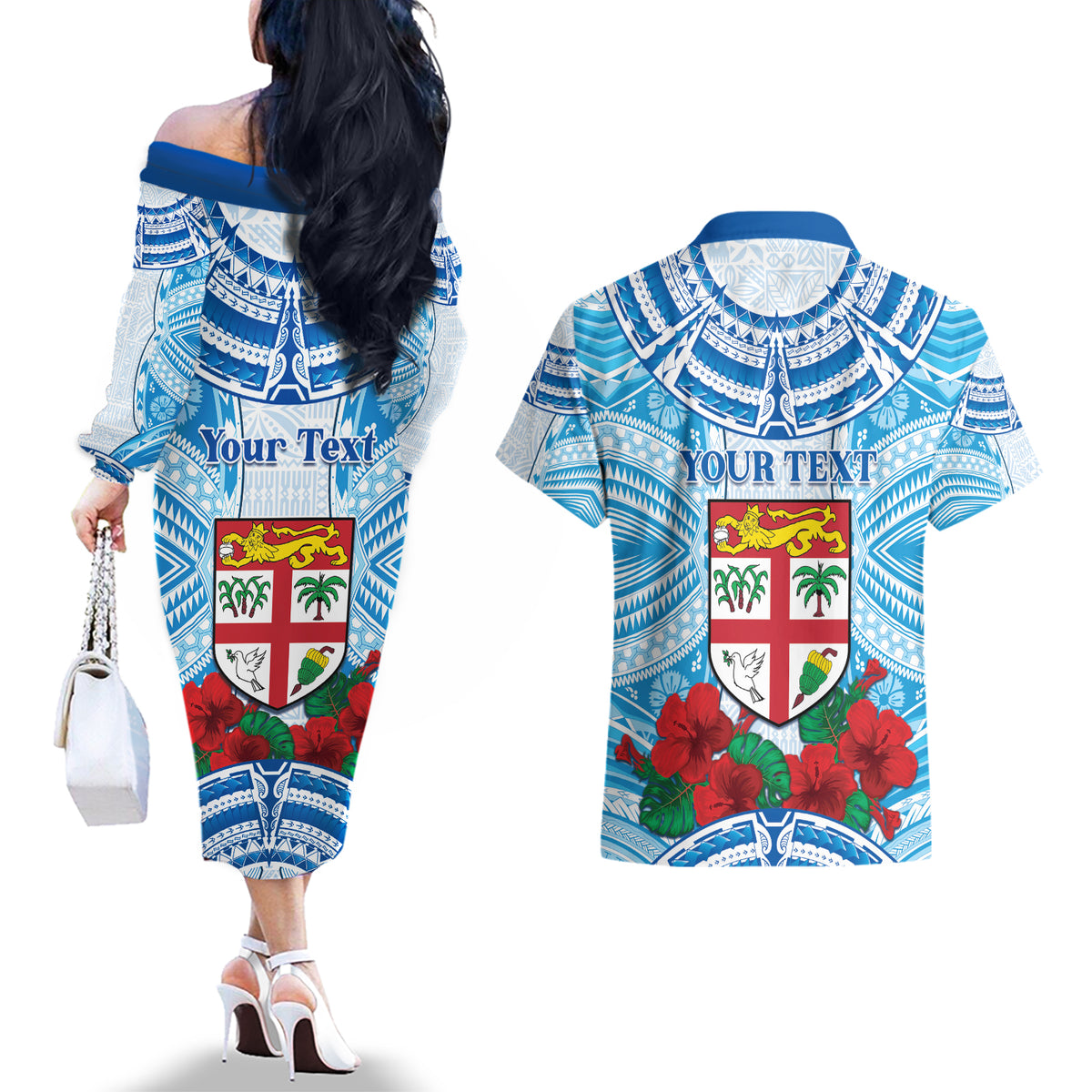 Personalised Fiji Ratu Sir Lala Sukuna Day Couples Matching Off The Shoulder Long Sleeve Dress and Hawaiian Shirt Hibiscus Tapa Pattern LT05 - Polynesian Pride