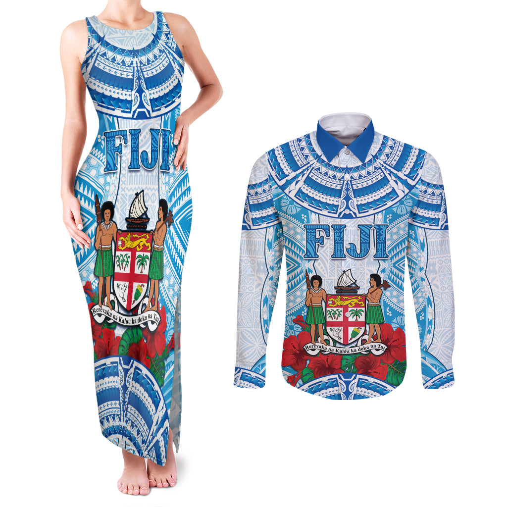 Personalised Fiji Ratu Sir Lala Sukuna Day Couples Matching Tank Maxi Dress and Long Sleeve Button Shirt Hibiscus Tapa Pattern LT05 Blue - Polynesian Pride