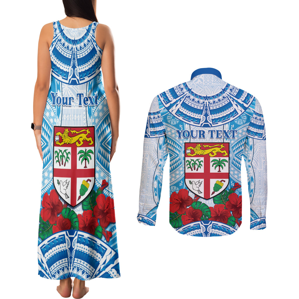 Personalised Fiji Ratu Sir Lala Sukuna Day Couples Matching Tank Maxi Dress and Long Sleeve Button Shirt Hibiscus Tapa Pattern LT05 - Polynesian Pride