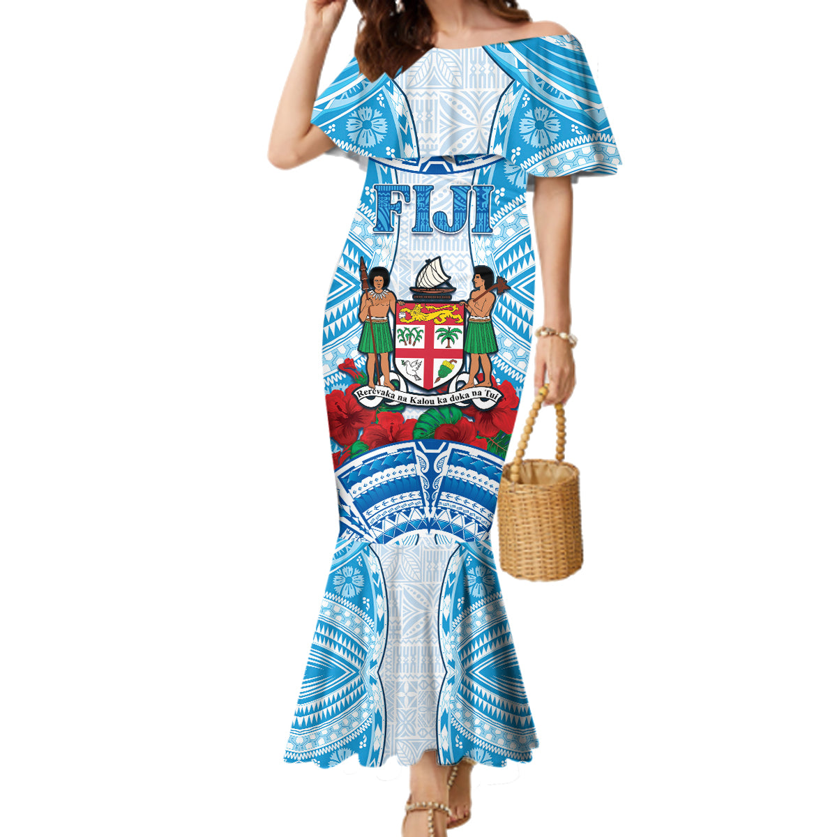 Personalised Fiji Ratu Sir Lala Sukuna Day Family Matching Mermaid Dress and Hawaiian Shirt Hibiscus Tapa Pattern LT05 Mom's Dress Blue - Polynesian Pride