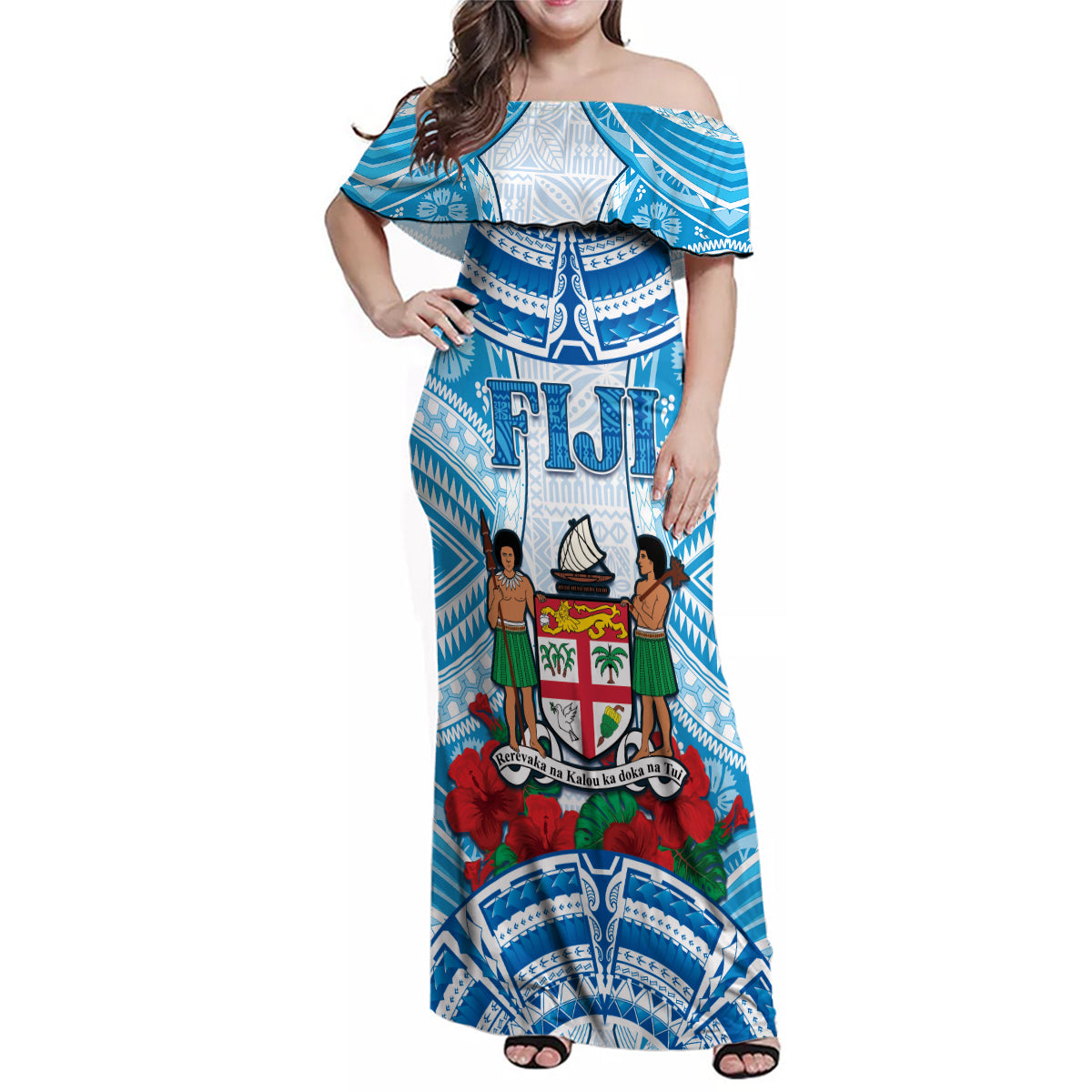 Personalised Fiji Ratu Sir Lala Sukuna Day Family Matching Off Shoulder Maxi Dress and Hawaiian Shirt Hibiscus Tapa Pattern LT05 Mom's Dress Blue - Polynesian Pride