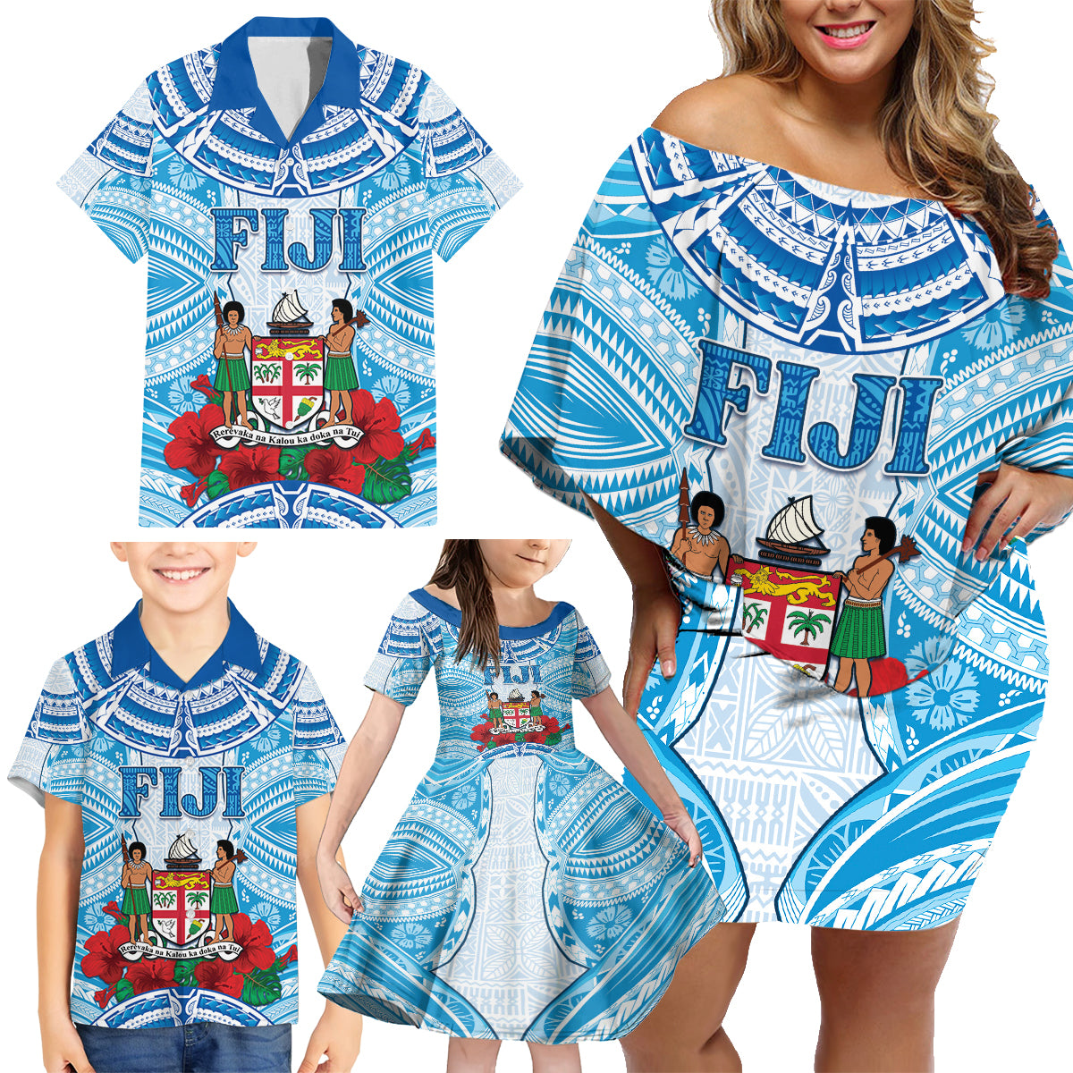 Personalised Fiji Ratu Sir Lala Sukuna Day Family Matching Off Shoulder Short Dress and Hawaiian Shirt Hibiscus Tapa Pattern LT05 - Polynesian Pride