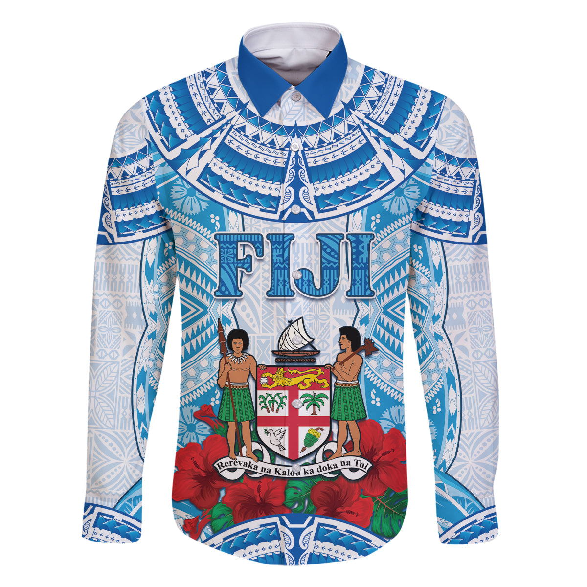 Personalised Fiji Ratu Sir Lala Sukuna Day Family Matching Off Shoulder Short Dress and Hawaiian Shirt Hibiscus Tapa Pattern LT05 Dad's Shirt - Long Sleeve Blue - Polynesian Pride
