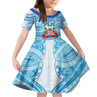 Personalised Fiji Ratu Sir Lala Sukuna Day Family Matching Short Sleeve Bodycon Dress and Hawaiian Shirt Hibiscus Tapa Pattern LT05 Daughter's Dress Blue - Polynesian Pride