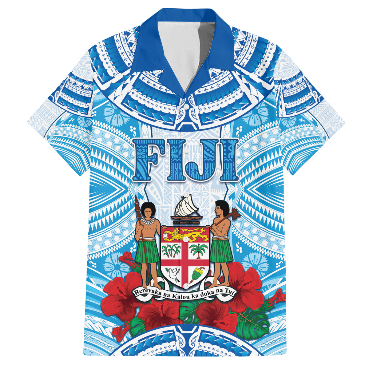 Personalised Fiji Ratu Sir Lala Sukuna Day Family Matching Short Sleeve Bodycon Dress and Hawaiian Shirt Hibiscus Tapa Pattern LT05 Dad's Shirt - Short Sleeve Blue - Polynesian Pride