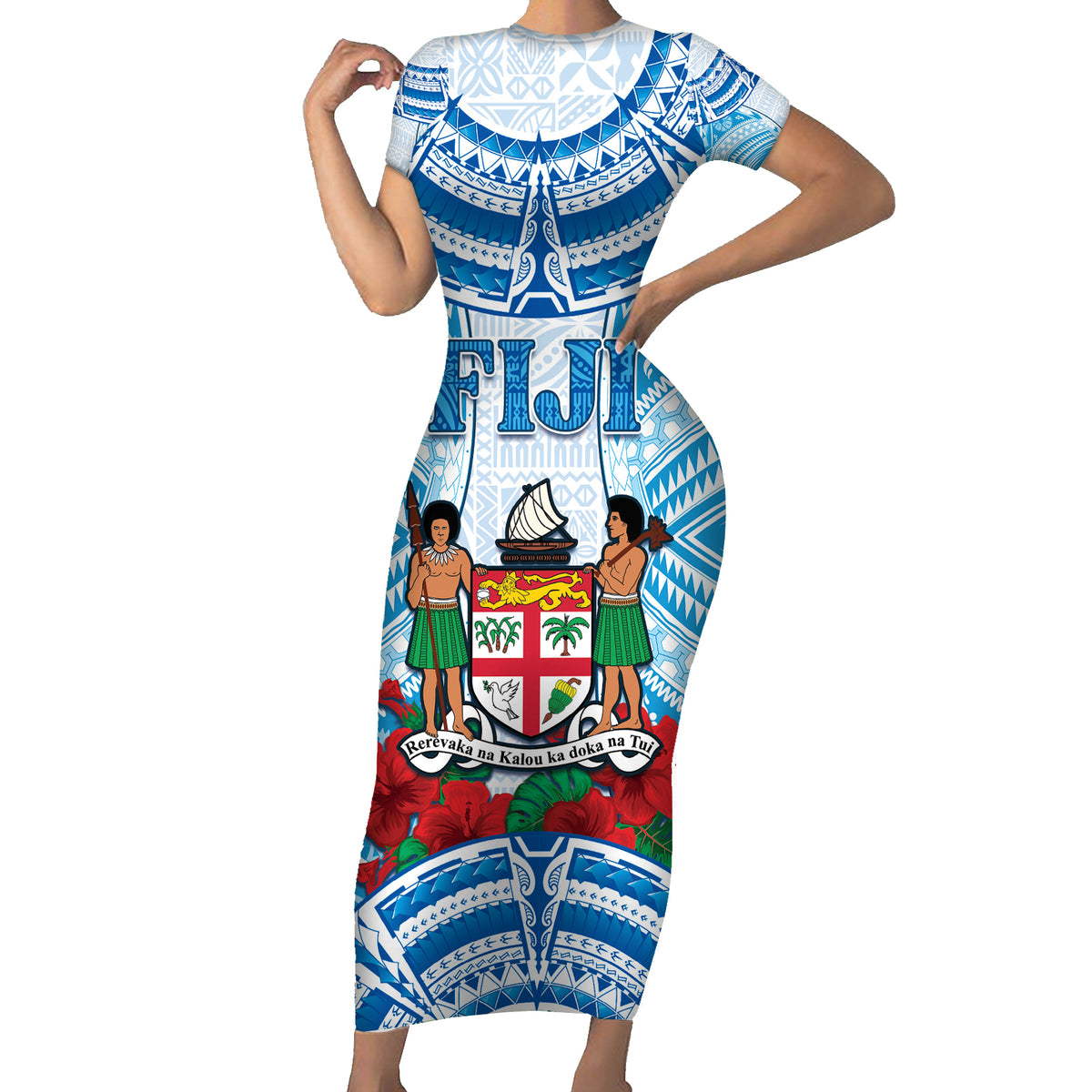 Personalised Fiji Ratu Sir Lala Sukuna Day Family Matching Short Sleeve Bodycon Dress and Hawaiian Shirt Hibiscus Tapa Pattern LT05 Mom's Dress Blue - Polynesian Pride