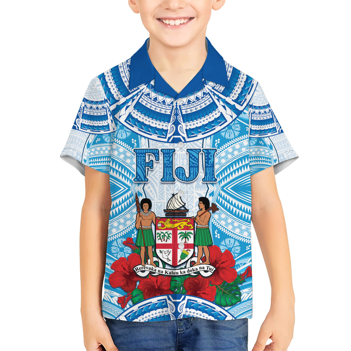Personalised Fiji Ratu Sir Lala Sukuna Day Family Matching Short Sleeve Bodycon Dress and Hawaiian Shirt Hibiscus Tapa Pattern LT05 Son's Shirt Blue - Polynesian Pride