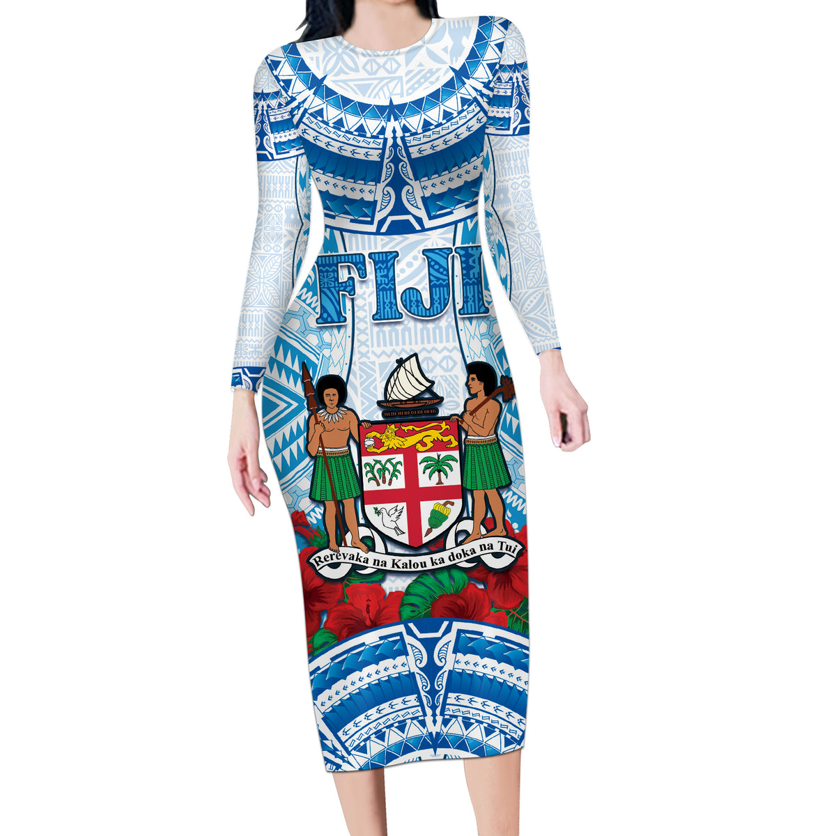 Personalised Fiji Ratu Sir Lala Sukuna Day Long Sleeve Bodycon Dress Hibiscus Tapa Pattern LT05 Long Dress Blue - Polynesian Pride