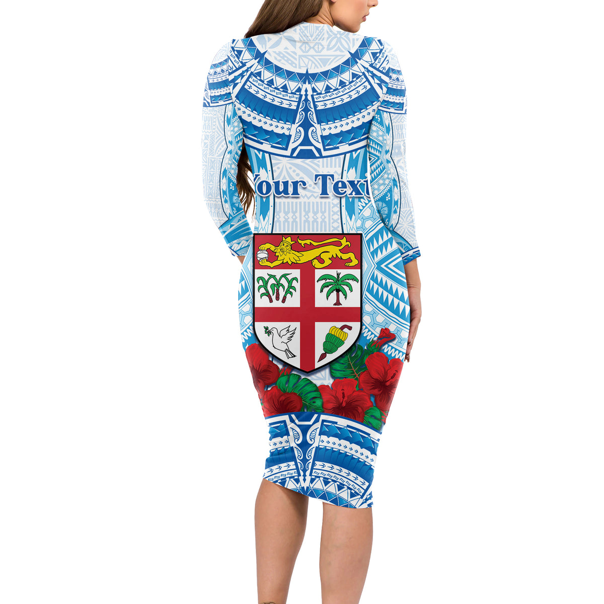 Personalised Fiji Ratu Sir Lala Sukuna Day Long Sleeve Bodycon Dress Hibiscus Tapa Pattern LT05 - Polynesian Pride