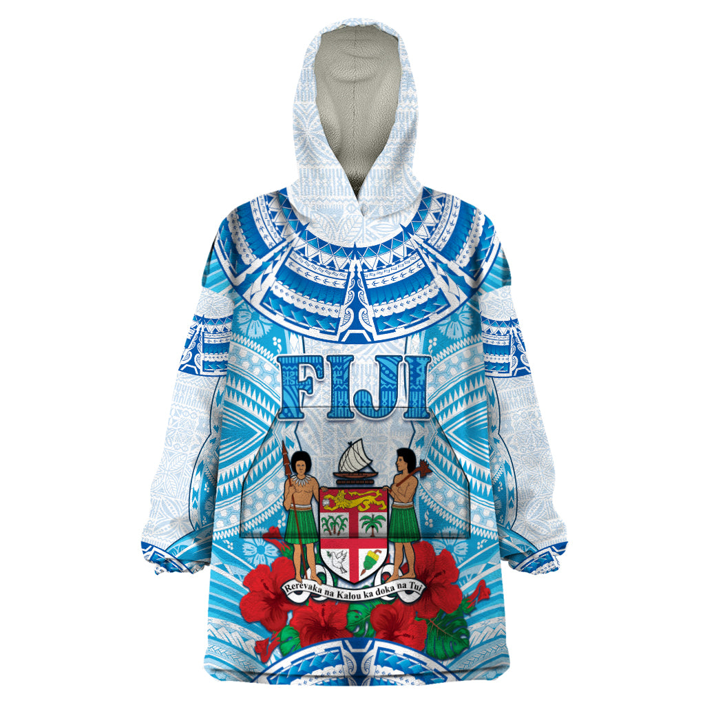 Personalised Fiji Ratu Sir Lala Sukuna Day Wearable Blanket Hoodie Hibiscus Tapa Pattern LT05 One Size Blue - Polynesian Pride