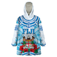 Personalised Fiji Ratu Sir Lala Sukuna Day Wearable Blanket Hoodie Hibiscus Tapa Pattern LT05 One Size Blue - Polynesian Pride