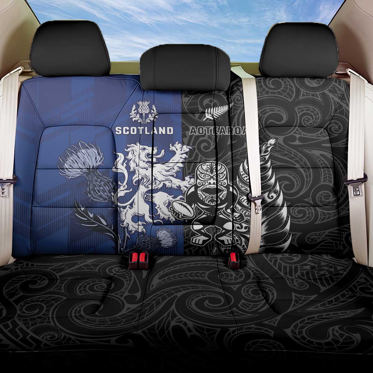 New Zealand And Scotland Rugby Back Car Seat Cover Maori Tiki With Thistle Together LT05 One Size Black - Polynesian Pride