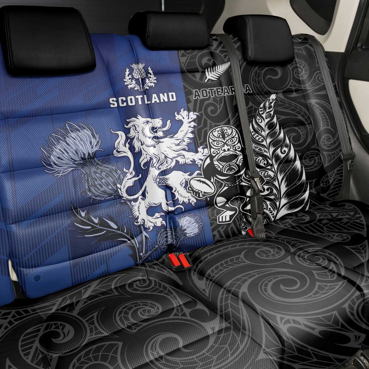New Zealand And Scotland Rugby Back Car Seat Cover Maori Tiki With Thistle Together LT05 - Polynesian Pride