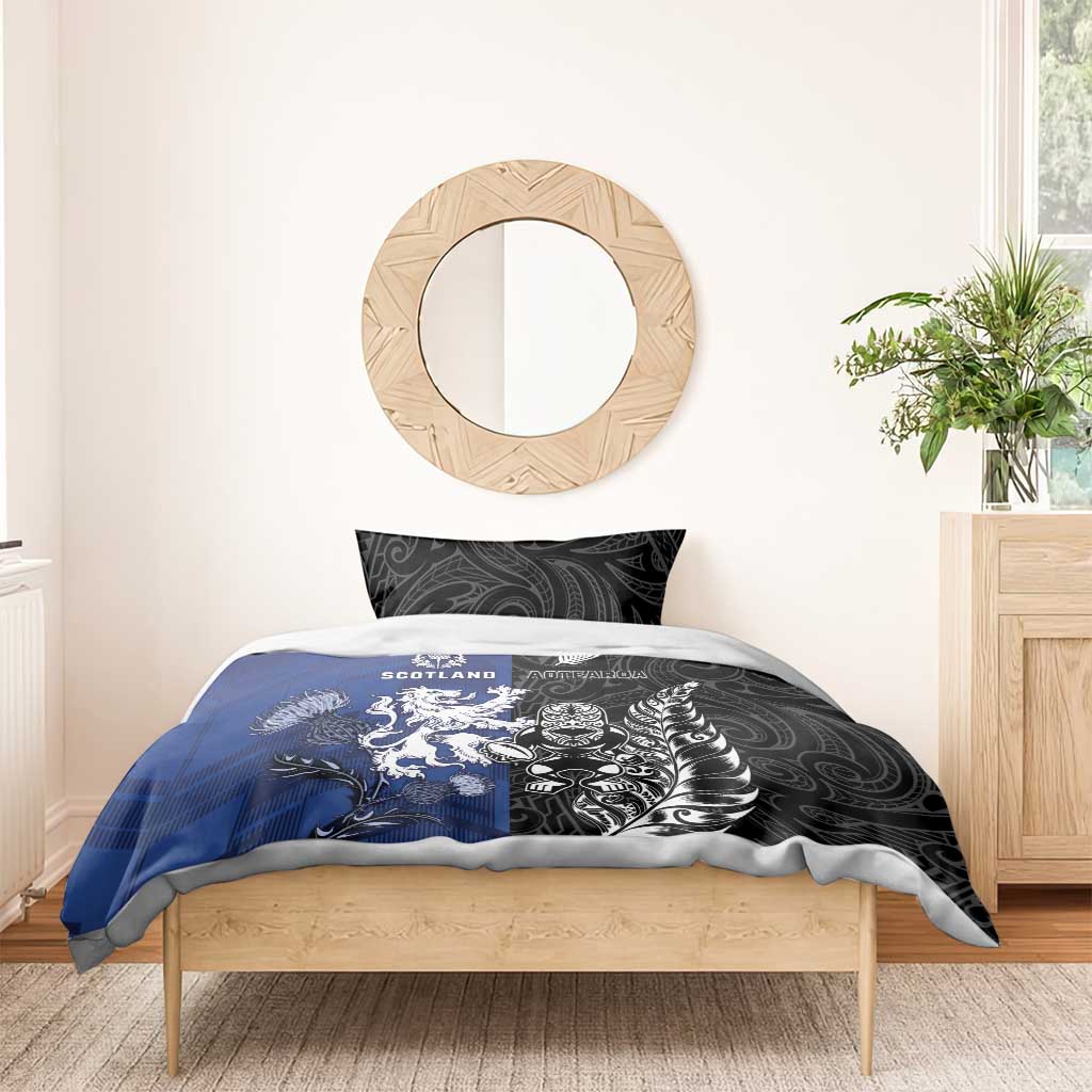 New Zealand And Scotland Rugby Bedding Set Maori Tiki With Thistle Together