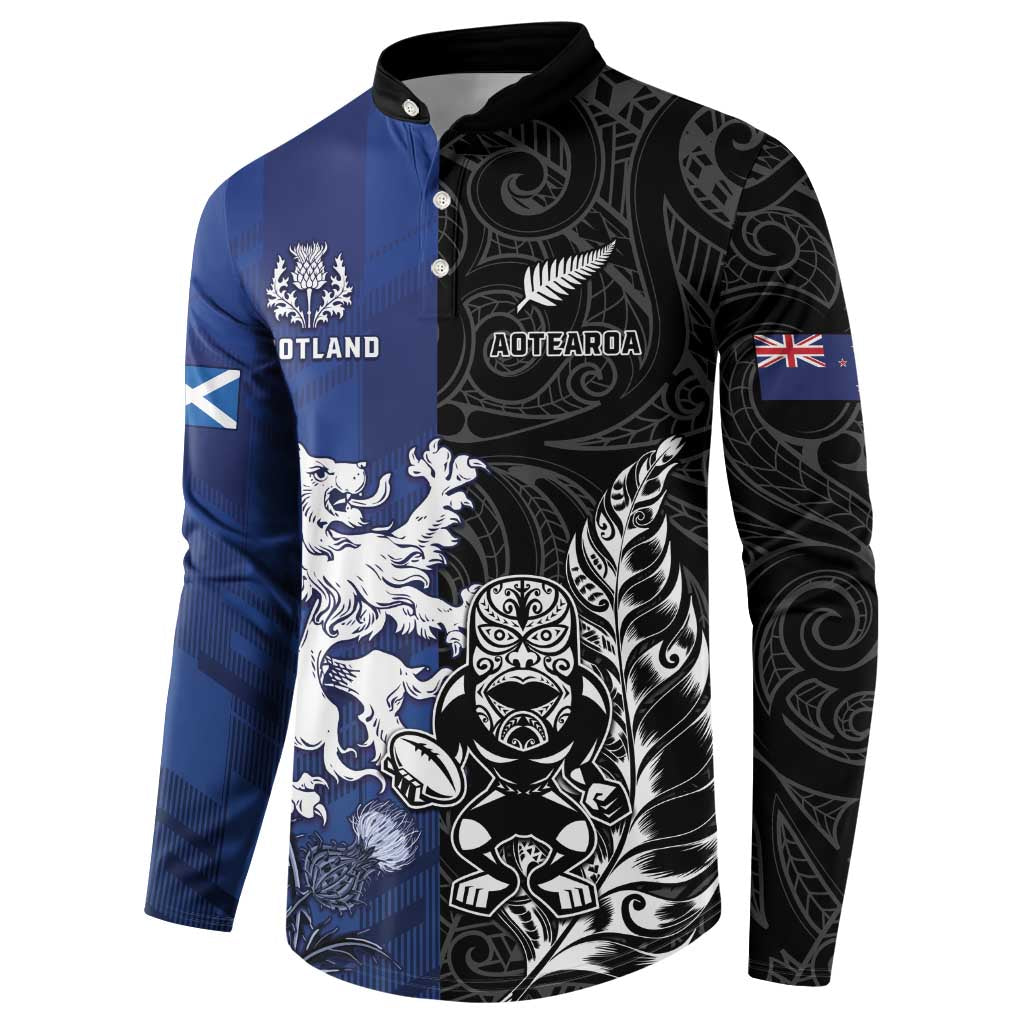 New Zealand And Scotland Rugby Custom Button Sweatshirt Maori Tiki With Thistle Together