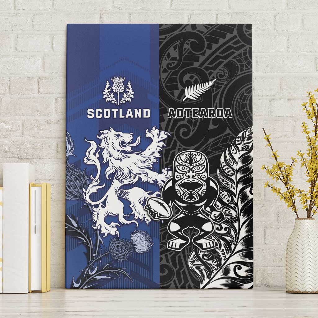 New Zealand And Scotland Rugby Canvas Wall Art Maori Tiki With Thistle Together LT05 Without Frame Black - Polynesian Pride