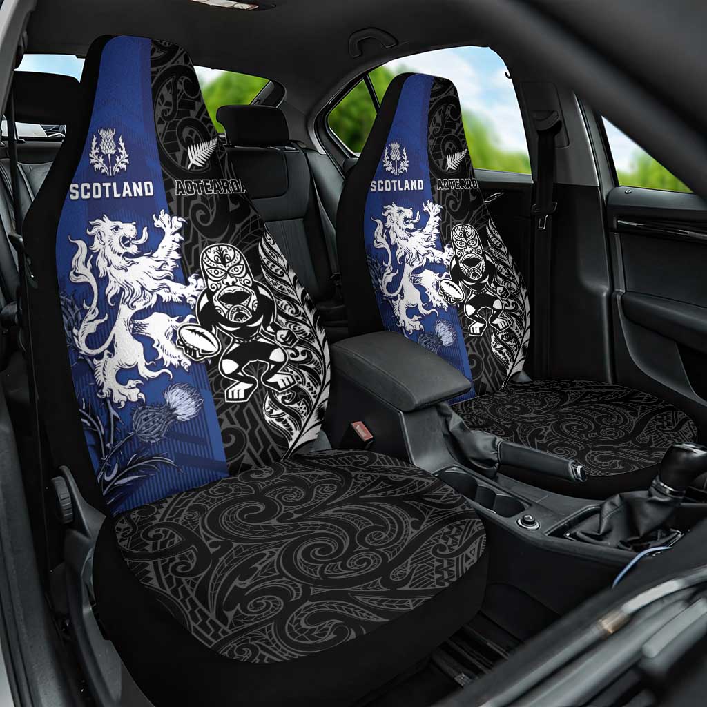 New Zealand And Scotland Rugby Car Seat Cover Maori Tiki With Thistle Together LT05 One Size Black - Polynesian Pride