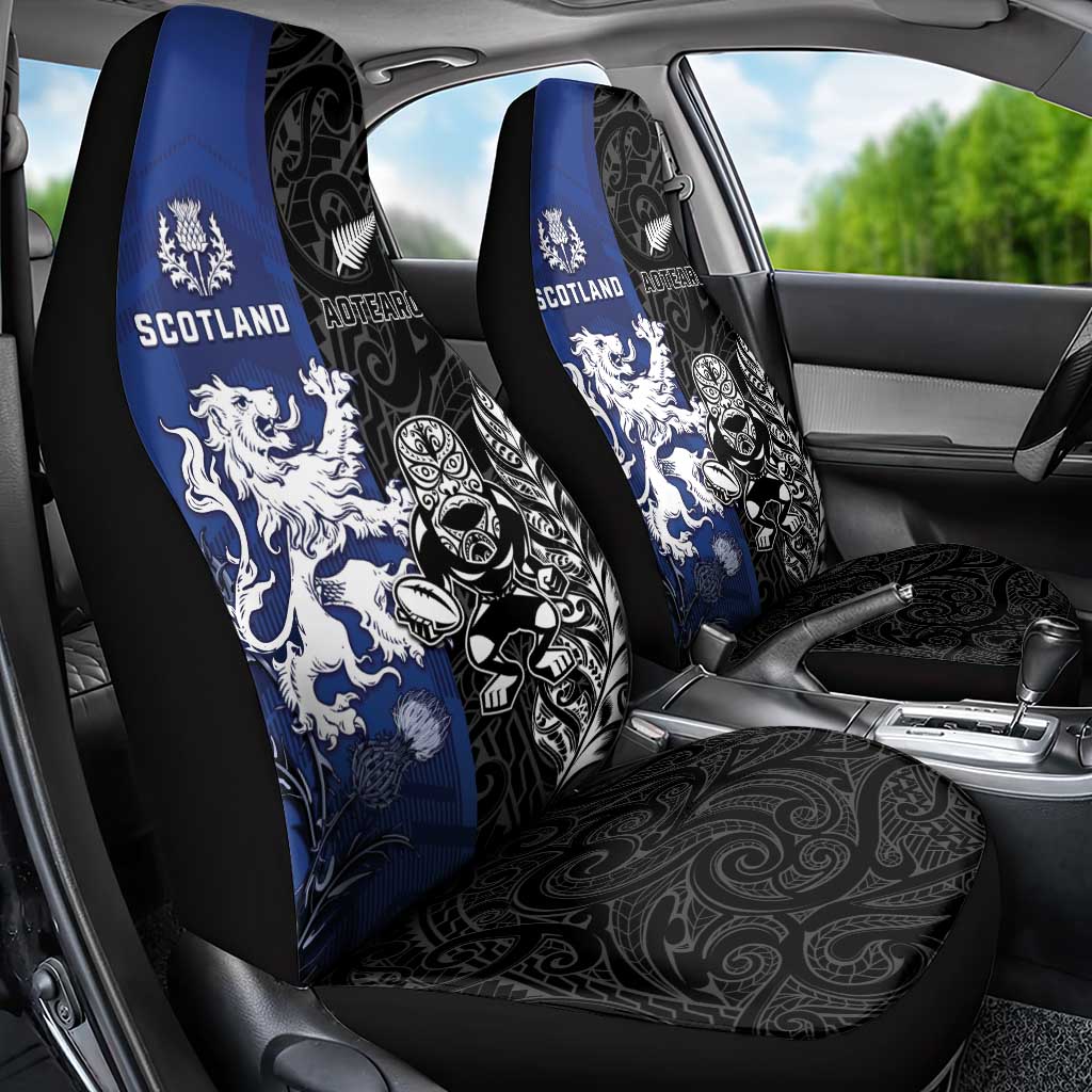 New Zealand And Scotland Rugby Car Seat Cover Maori Tiki With Thistle Together LT05 - Polynesian Pride