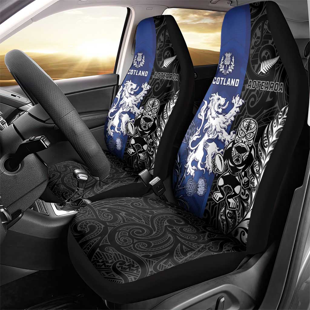 New Zealand And Scotland Rugby Car Seat Cover Maori Tiki With Thistle Together LT05 - Polynesian Pride